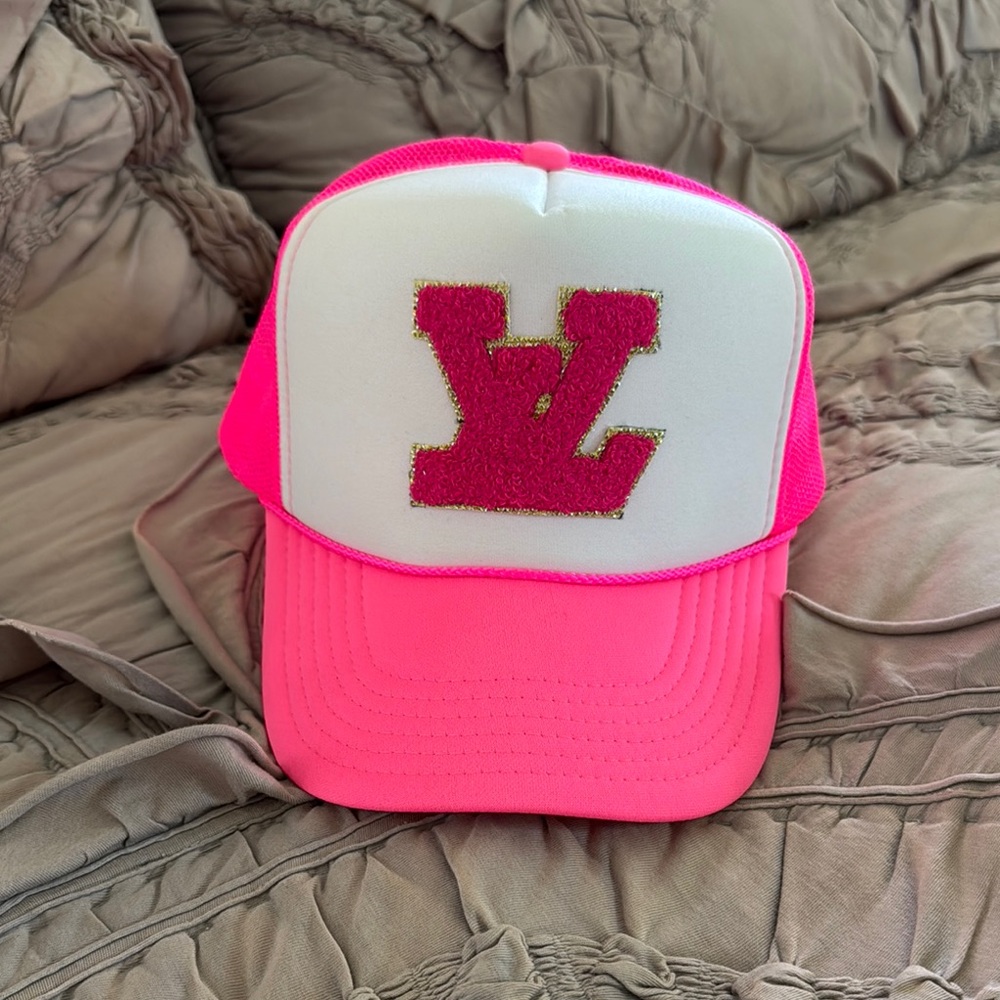 Pink and White Trucker Hat with Glitter LV Logo